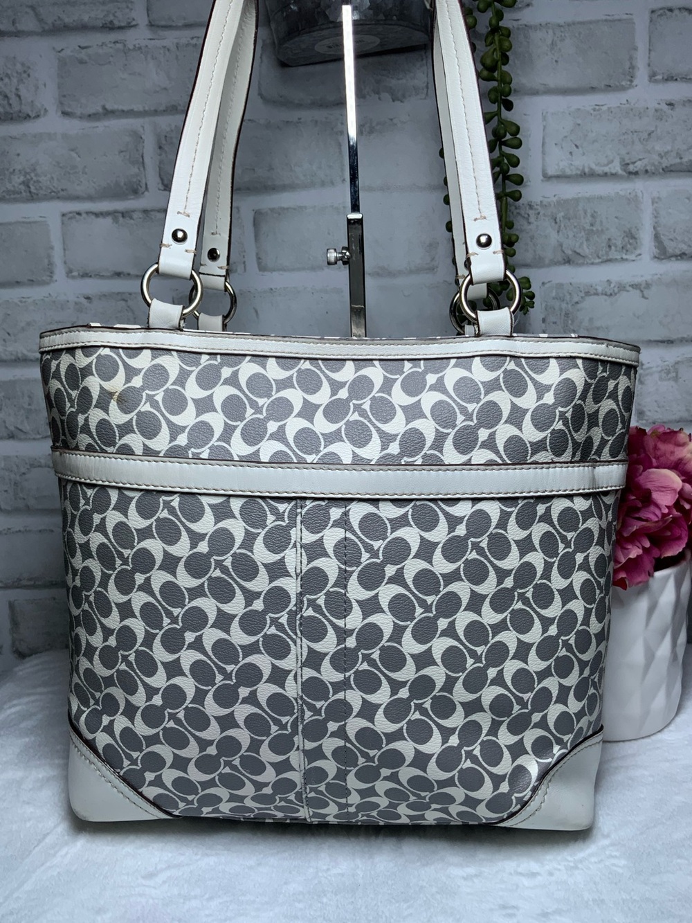 Coach Gray Signature Tote with Pink Center Stripe - Picture 2 of 13